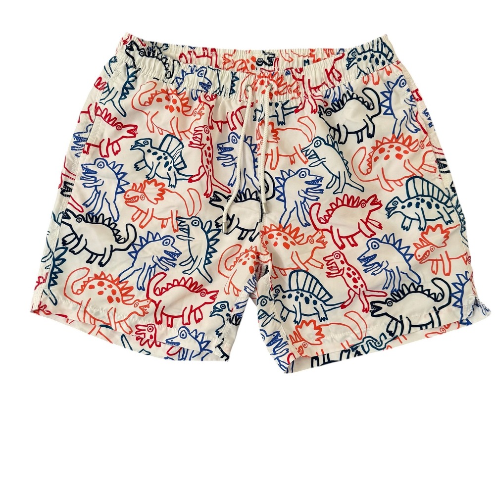 Bluemint Arthus XL 6in White Dinosaur Doodle Print Mens Mesh Lined Swim Trunks